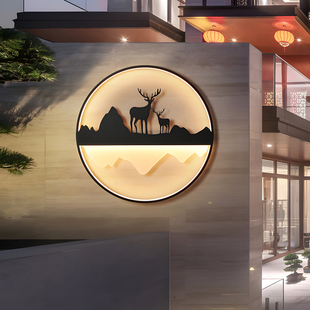 Modern Circular Mountain Landscape Outdoor Wall Sconce Dimmable LED Garden Light with Remote