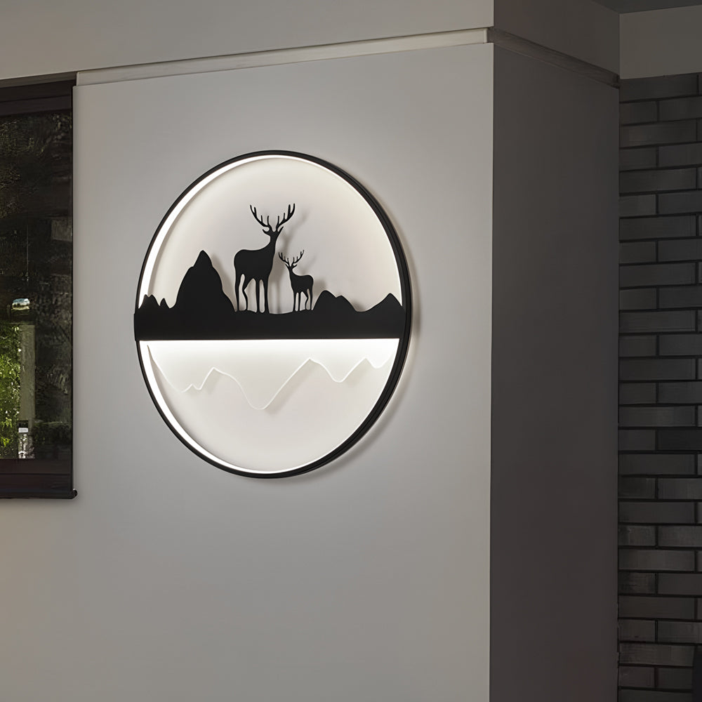 Modern Circular Mountain Landscape Outdoor Wall Sconce Dimmable LED Garden Light with Remote