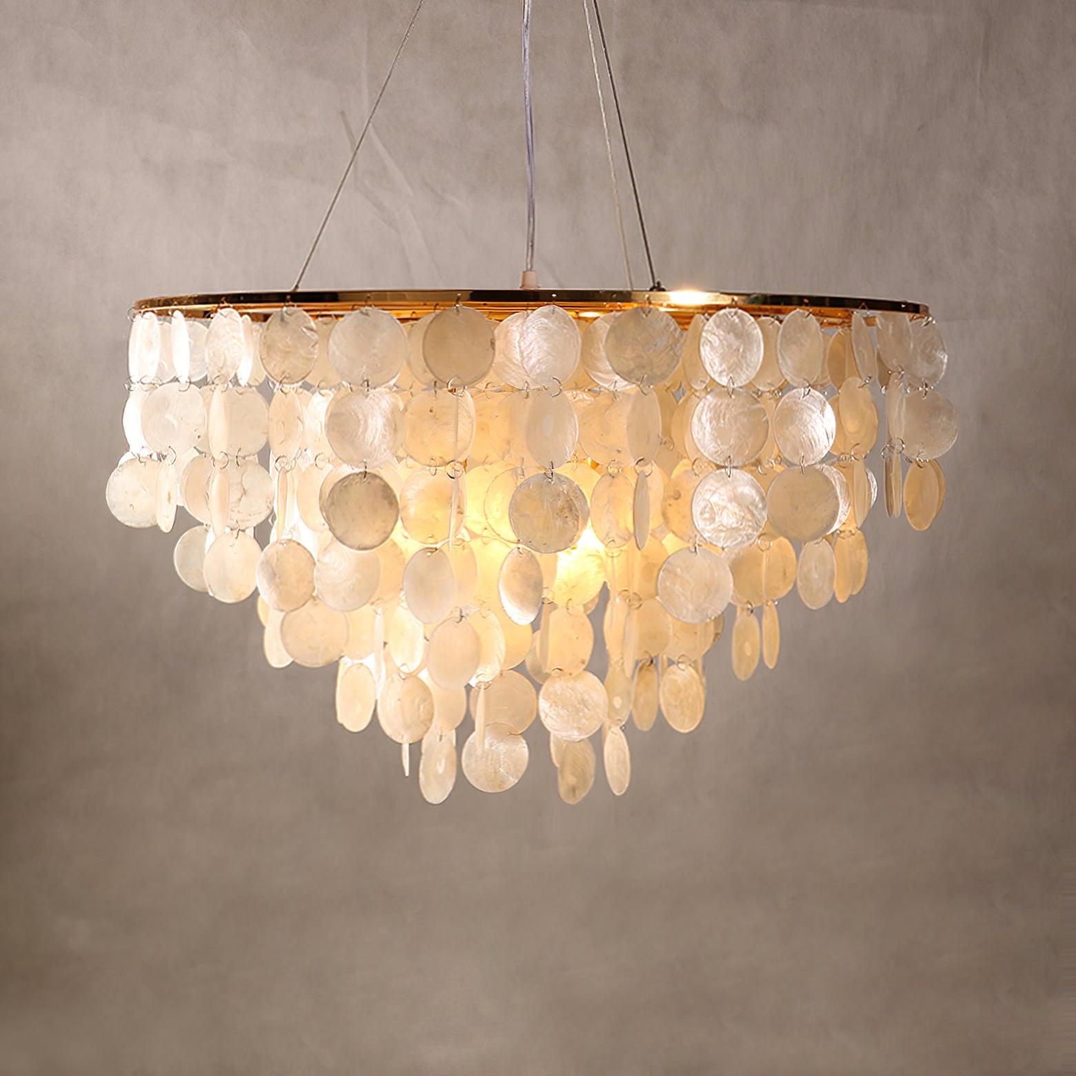 Modern Coastal Multi Tiered Shell Chandelier Round Pendant Light with Gold Accents