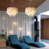 Modern Coastal Multi Tiered Shell Chandelier Round Pendant Light with Gold Accents