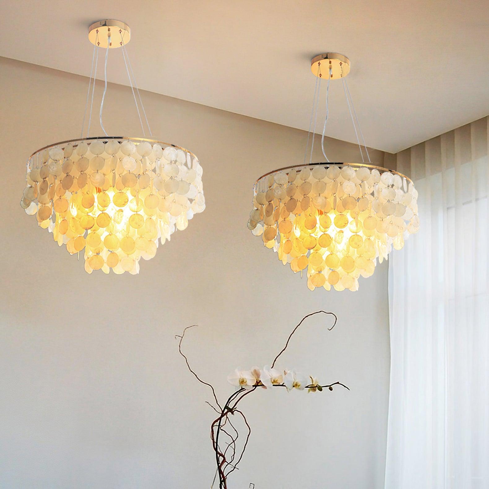 Modern Coastal Multi Tiered Shell Chandelier Round Pendant Light with Gold Accents