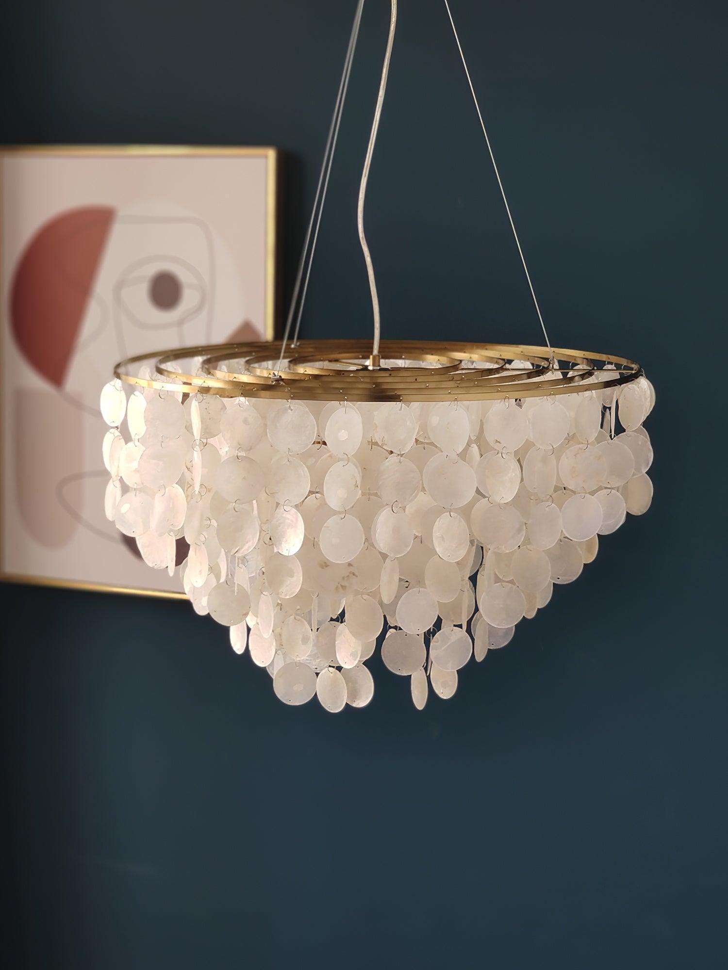 Modern Coastal Multi Tiered Shell Chandelier Round Pendant Light with Gold Accents
