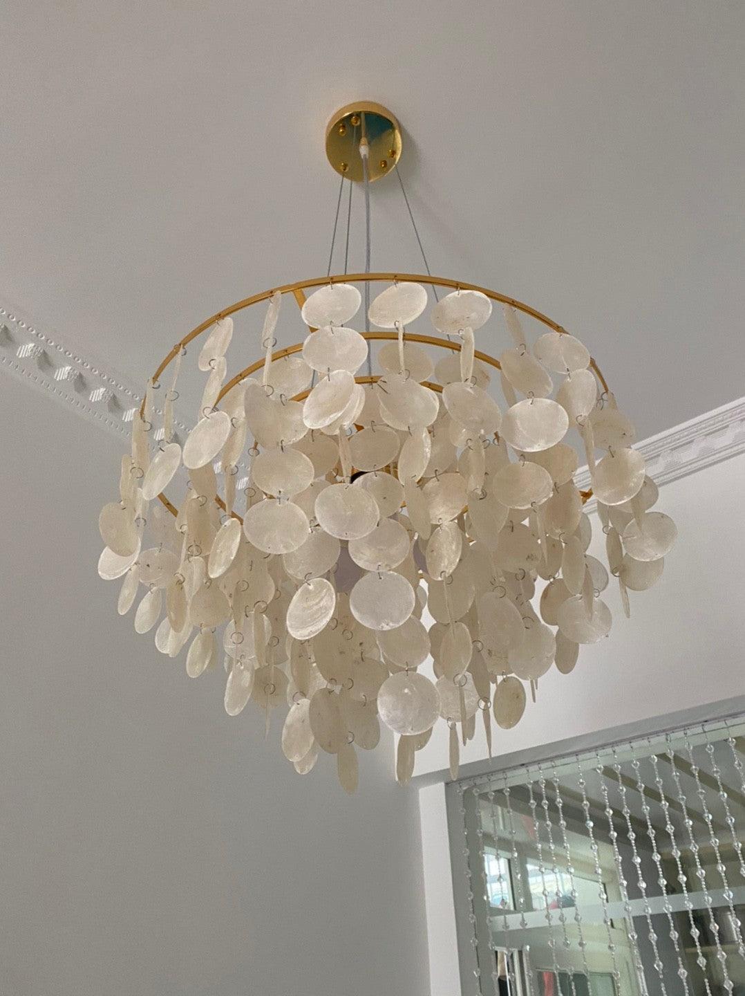 Modern Coastal Multi Tiered Shell Chandelier Round Pendant Light with Gold Accents