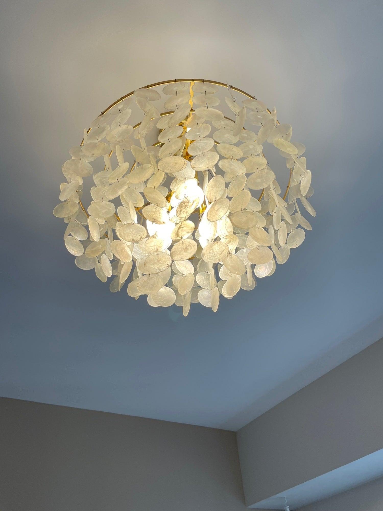 Modern Coastal Multi Tiered Shell Chandelier Round Pendant Light with Gold Accents