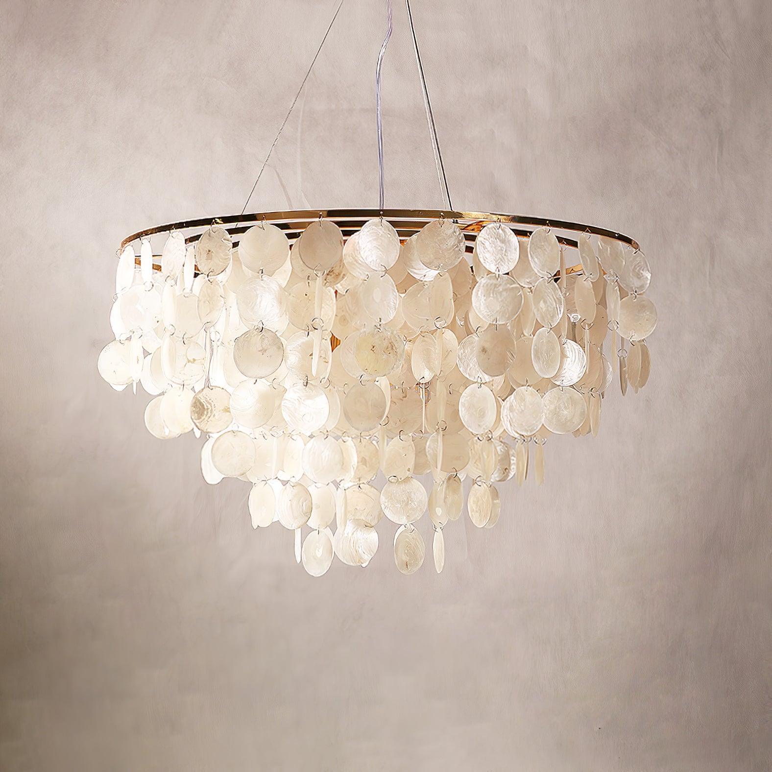 Modern Coastal Multi Tiered Shell Chandelier Round Pendant Light with Gold Accents