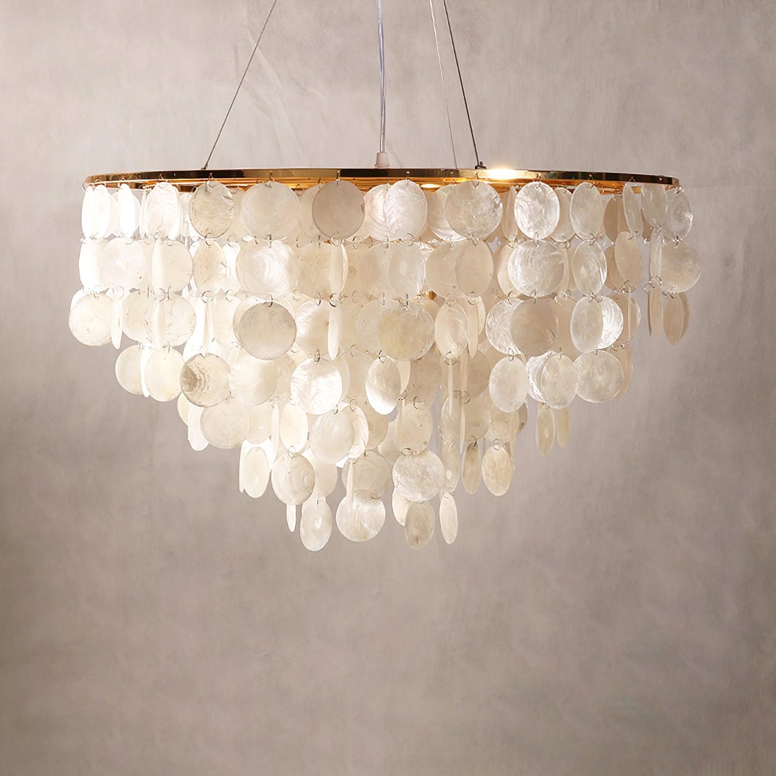 Modern Coastal Multi Tiered Shell Chandelier Round Pendant Light with Gold Accents