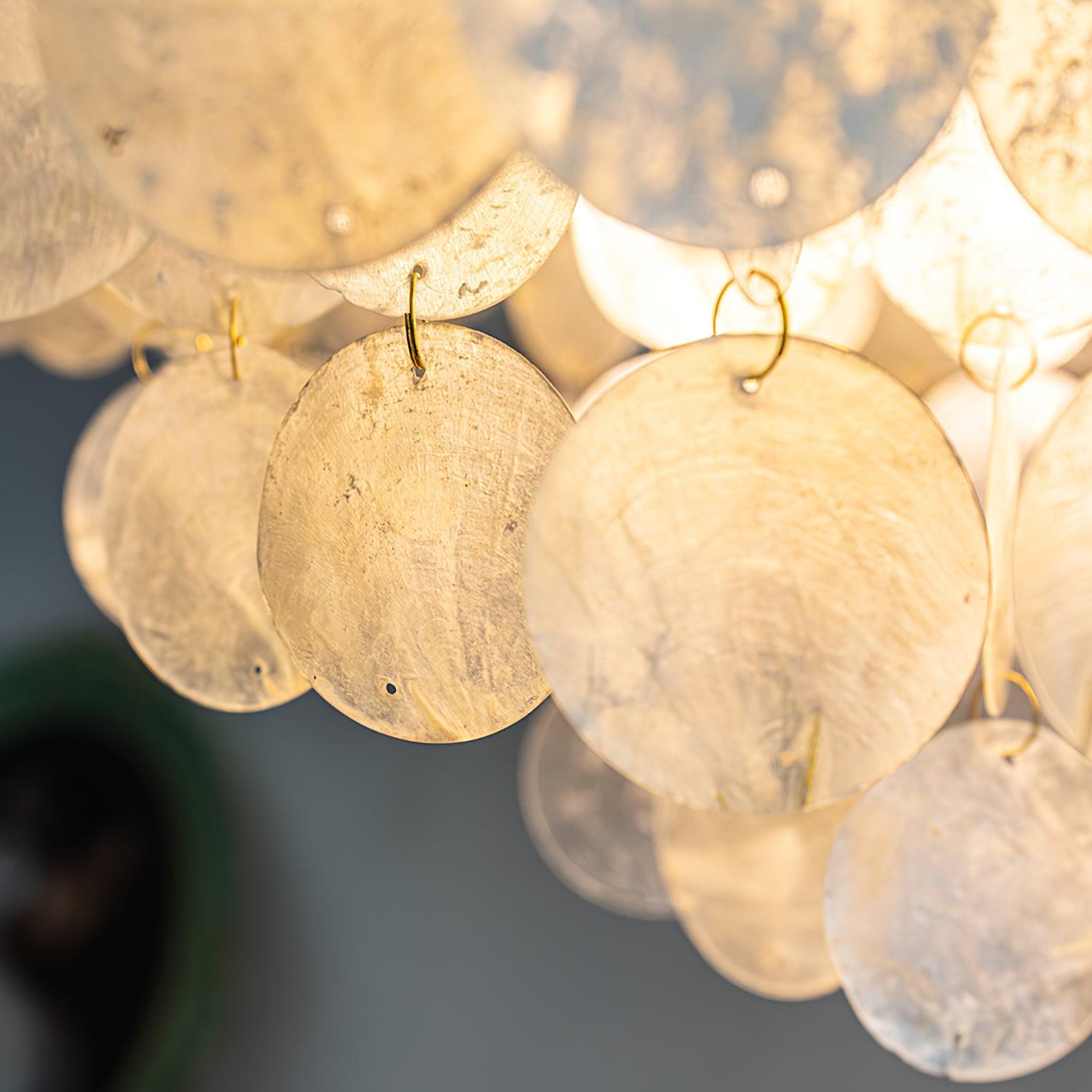 Modern Coastal Multi Tiered Shell Chandelier Round Pendant Light with Gold Accents