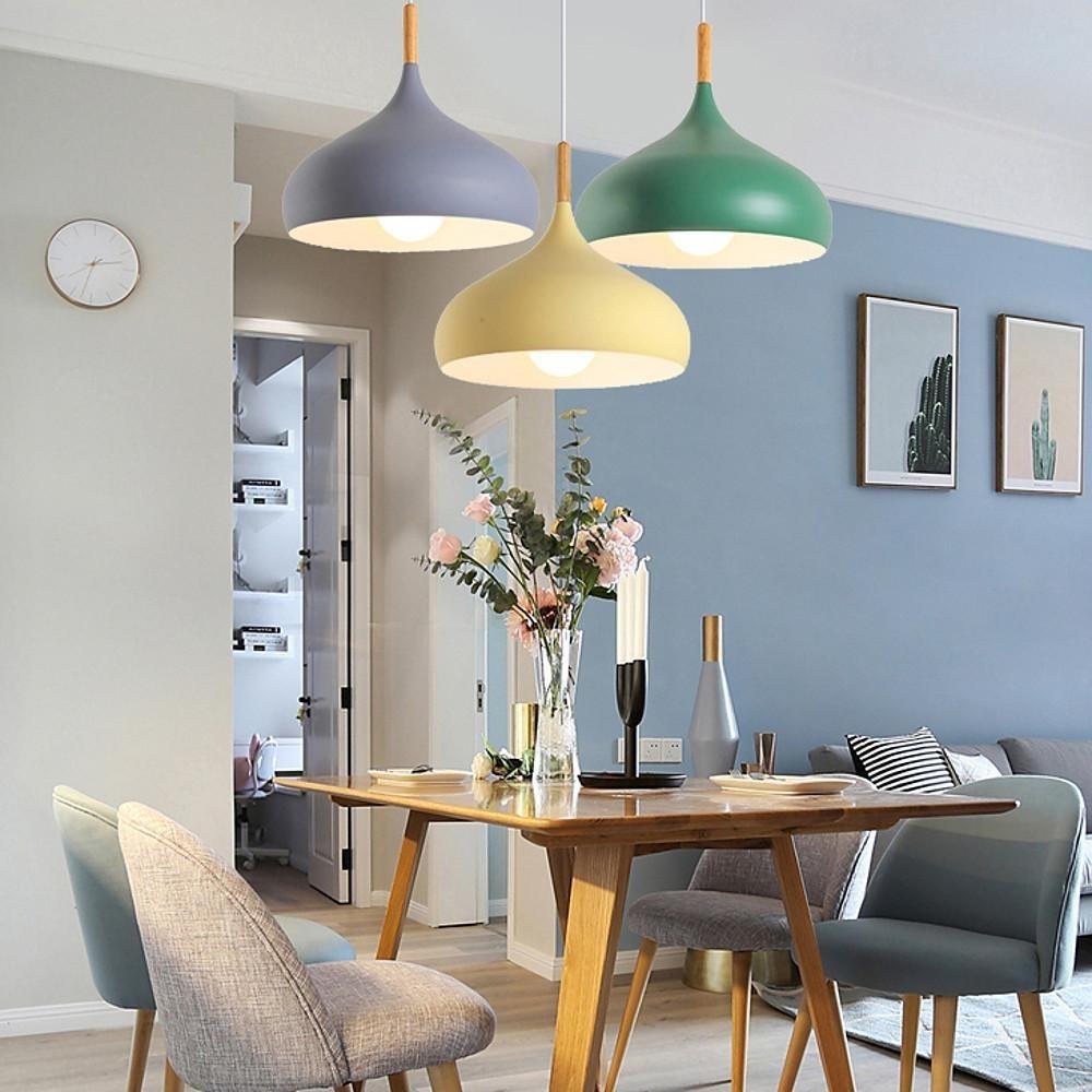 Modern Cone Metal Pendant Light with Wood Detail for Kitchen Island and Dining Room
