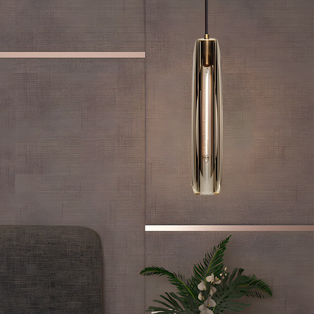 Modern Copper and Crystal Pendant Light with Long Tungsten Filament LED Bulb for Bedroom