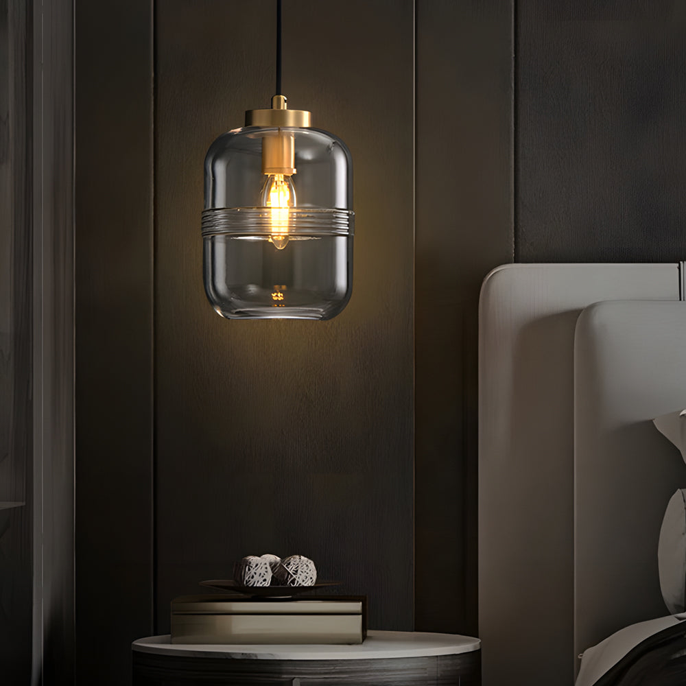 Modern Copper and Ribbed Glass Pendant Light with Adjustable Cord and Three Step Dimming Feature