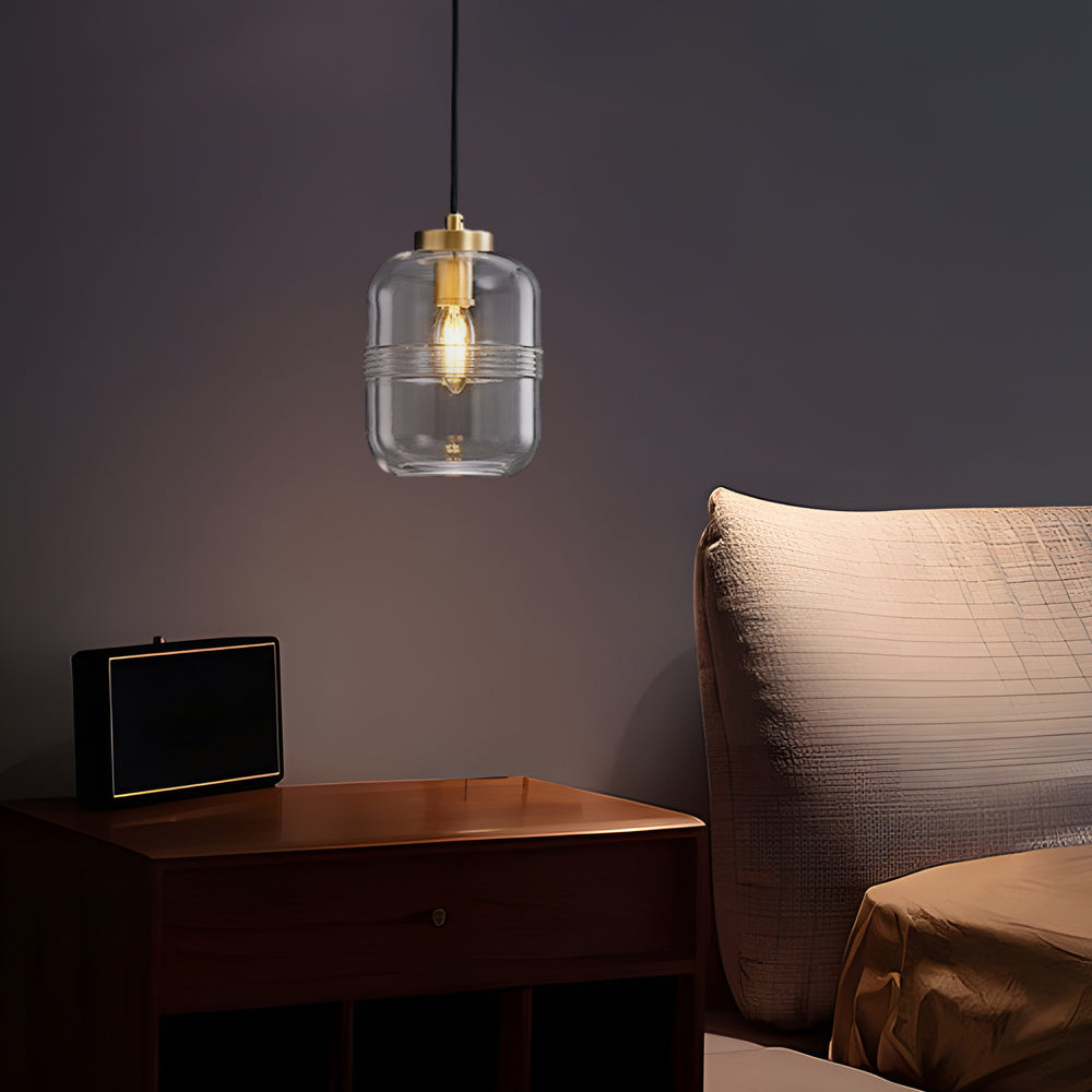 Modern Copper and Ribbed Glass Pendant Light with Adjustable Cord and Three Step Dimming Feature