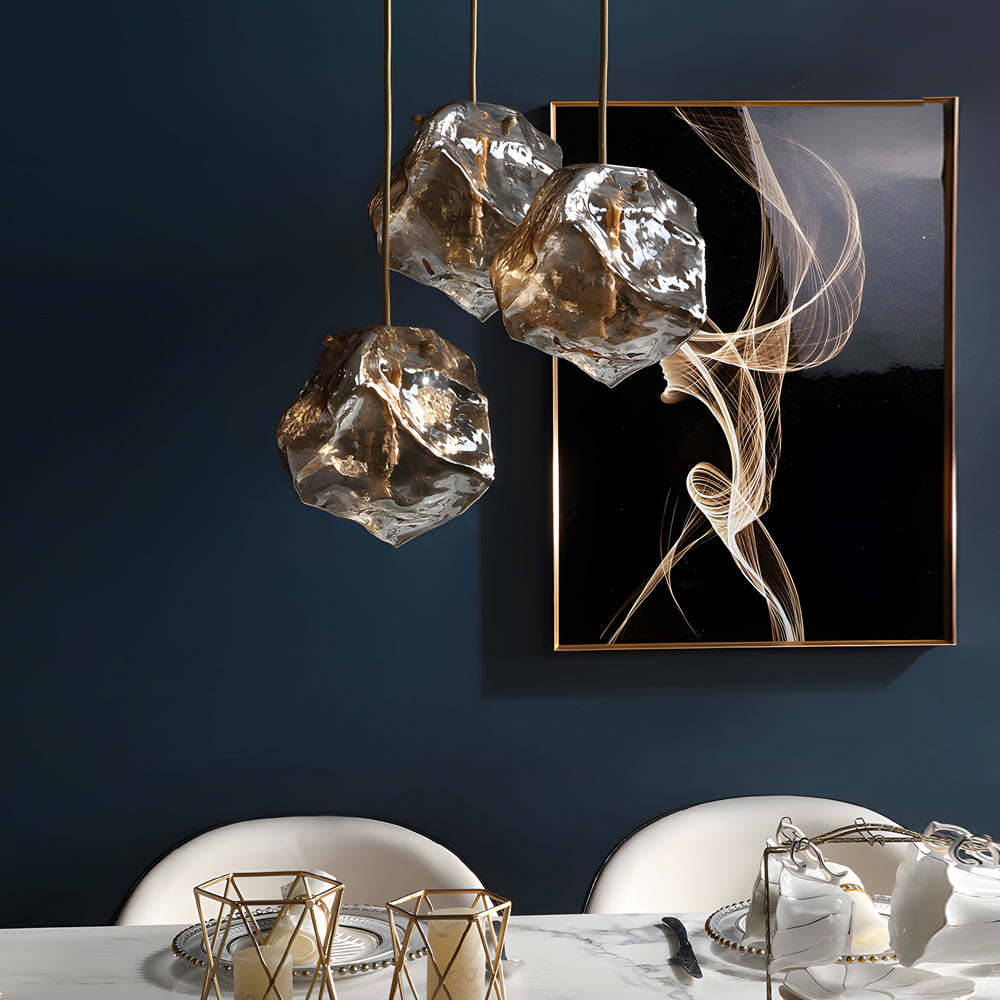 Modern Copper Chandelier with Irregular Lava Texture Glass Shade Pendant Light