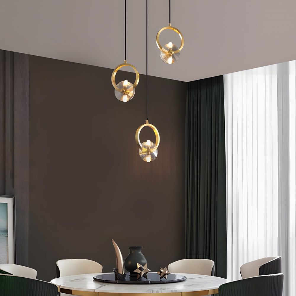 Modern Copper Crystal LED Pendant Light Round Hanging Ceiling Lamp for Bar and Dining Room