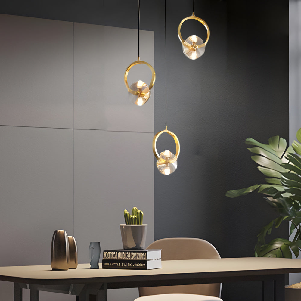 Modern Copper Crystal LED Pendant Light Round Hanging Ceiling Lamp for Bar and Dining Room