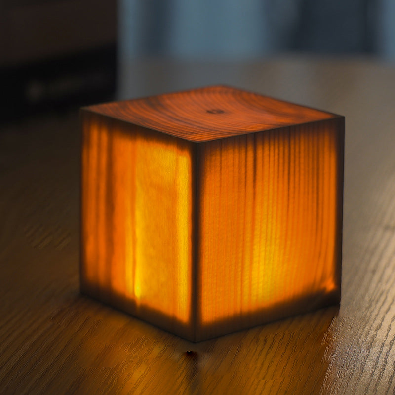 Modern Cordless Solid Wood Cube Table Lamp Rechargeable LED Accent Night Light for Living Room