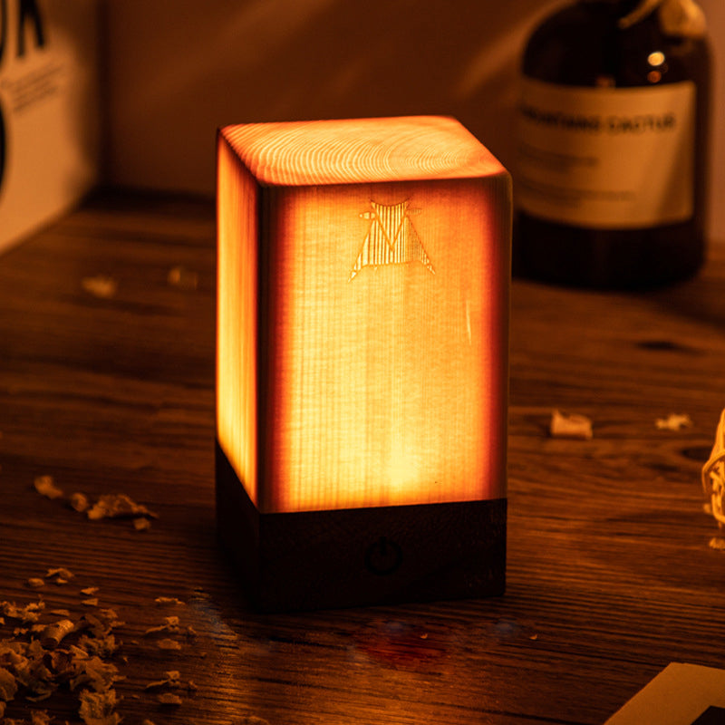 Modern Cordless Solid Wood Cube Table Lamp Rechargeable LED Accent Night Light for Living Room
