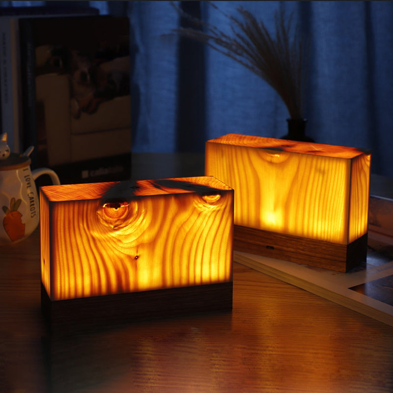 Modern Cordless Solid Wood Cube Table Lamp Rechargeable LED Accent Night Light for Living Room