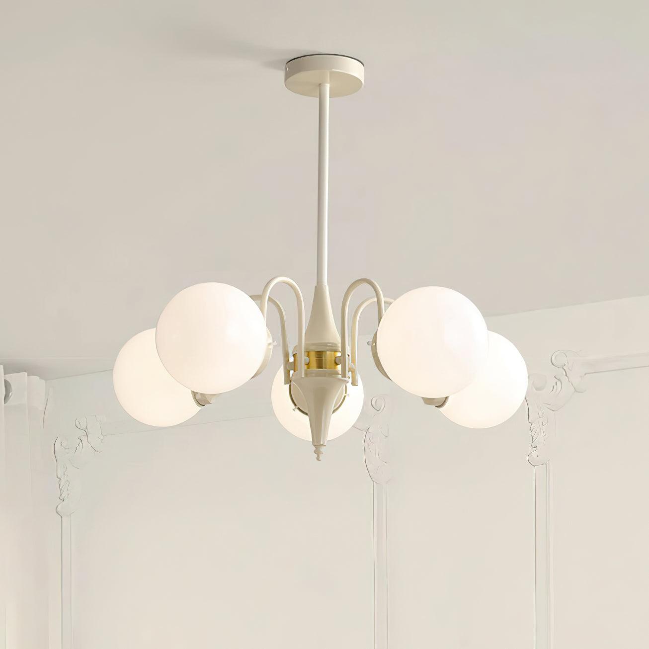 Modern Cream Ball Chandelier with White Glass Globes Mid Century Ceiling Light