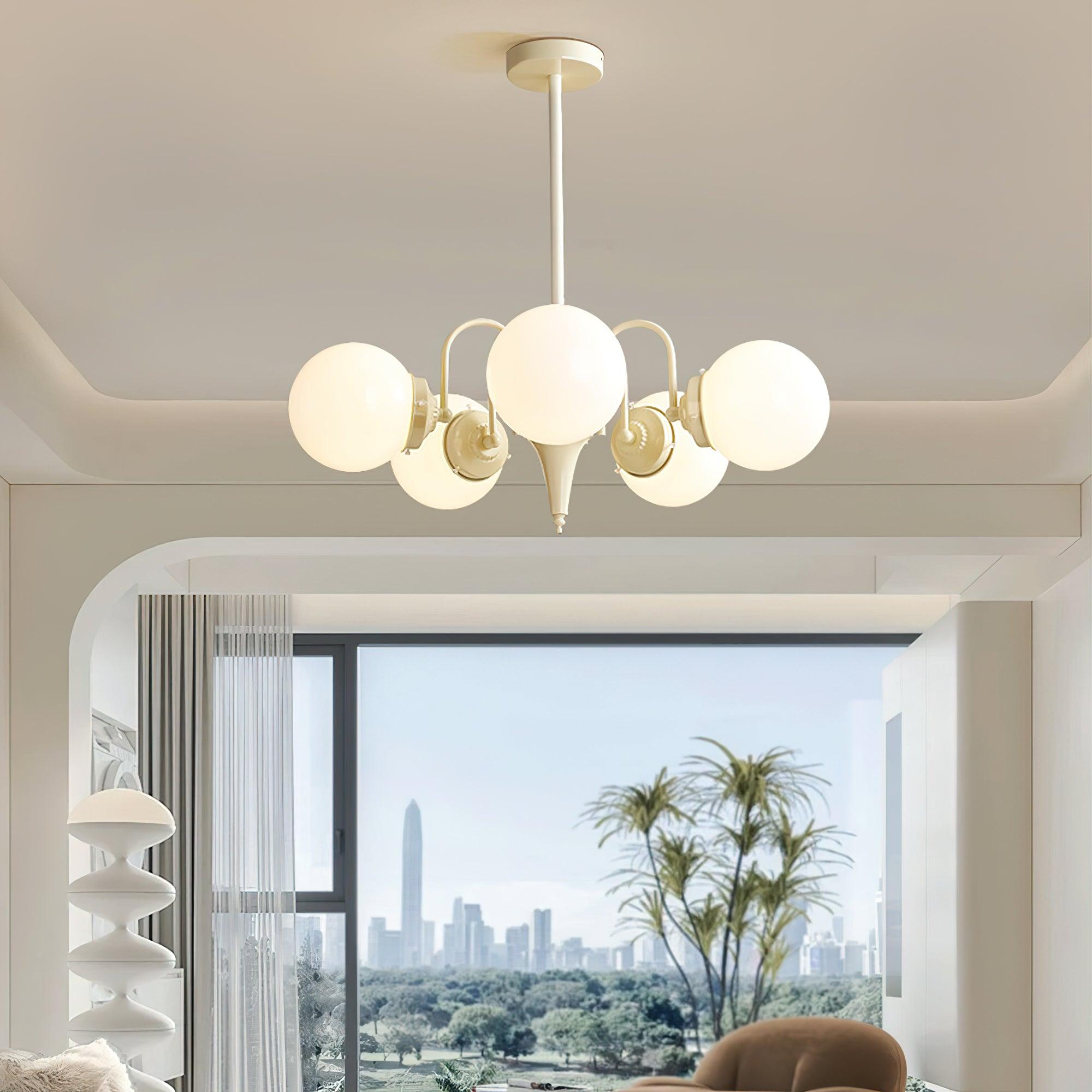 Modern Cream Ball Chandelier with White Glass Globes Mid Century Ceiling Light