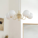 Modern Cream Ball Chandelier with White Glass Globes Mid Century Ceiling Light