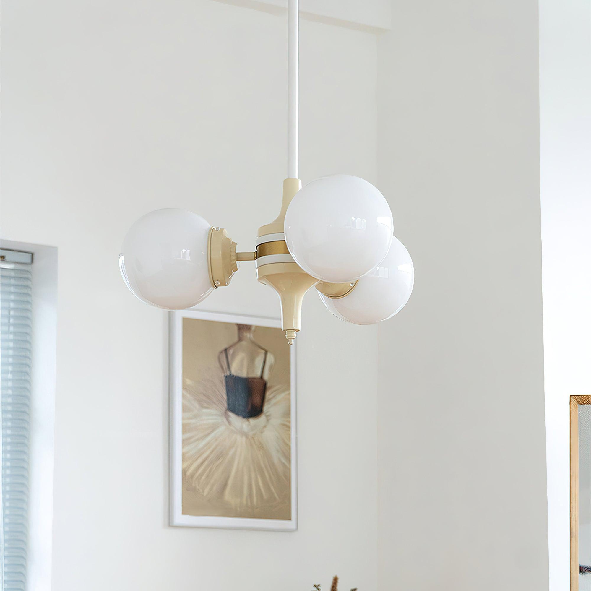 Modern Cream Ball Chandelier with White Glass Globes Mid Century Ceiling Light