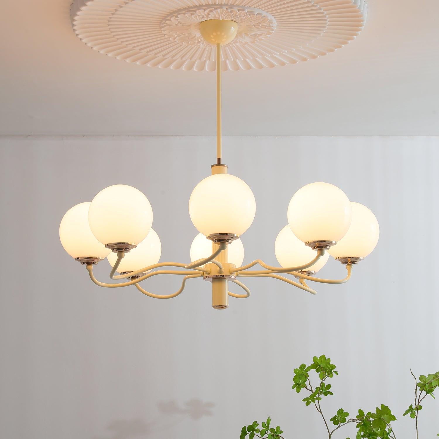 Modern Creamy Yellow Globe Glass Chandelier with White Spherical Shades