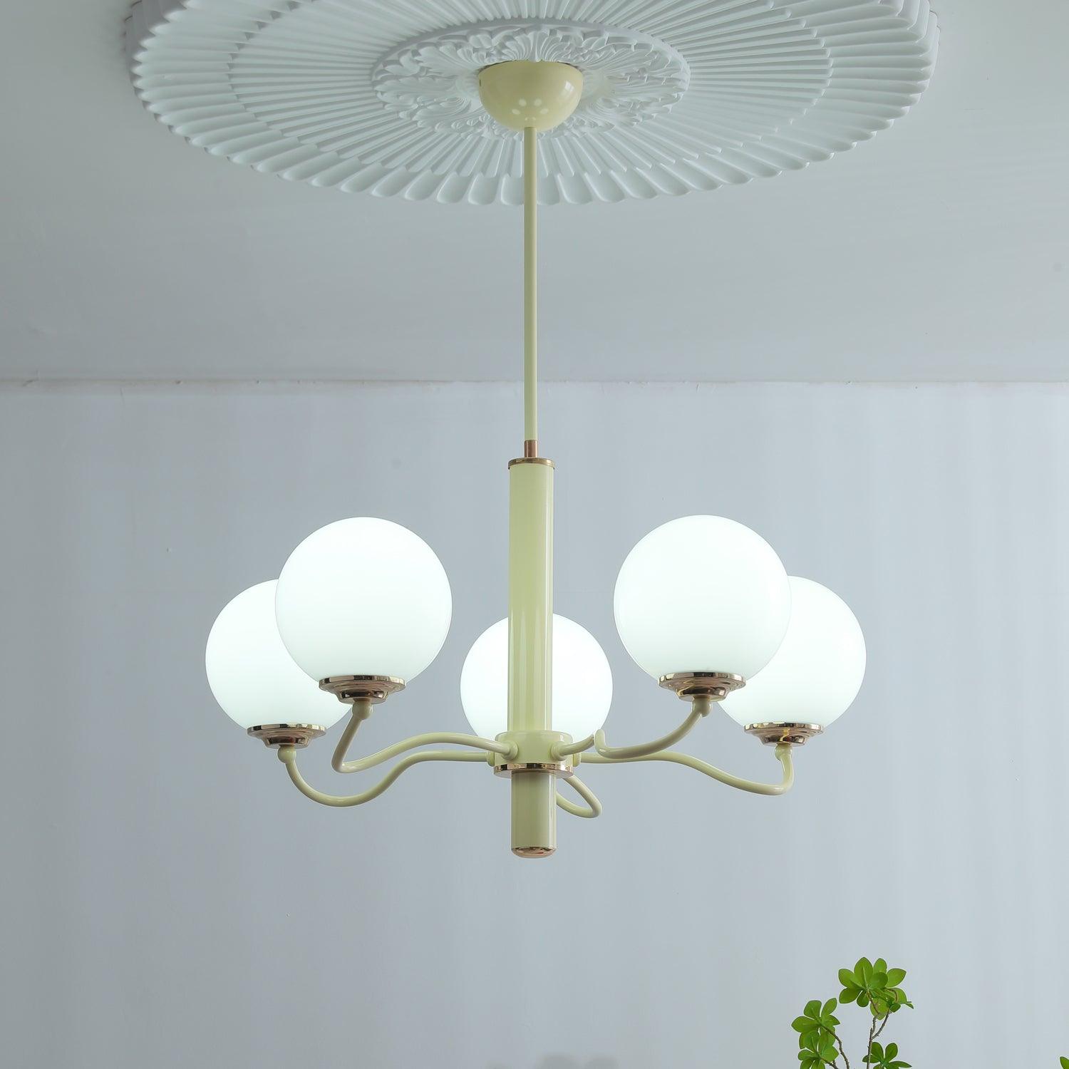 Modern Creamy Yellow Globe Glass Chandelier with White Spherical Shades