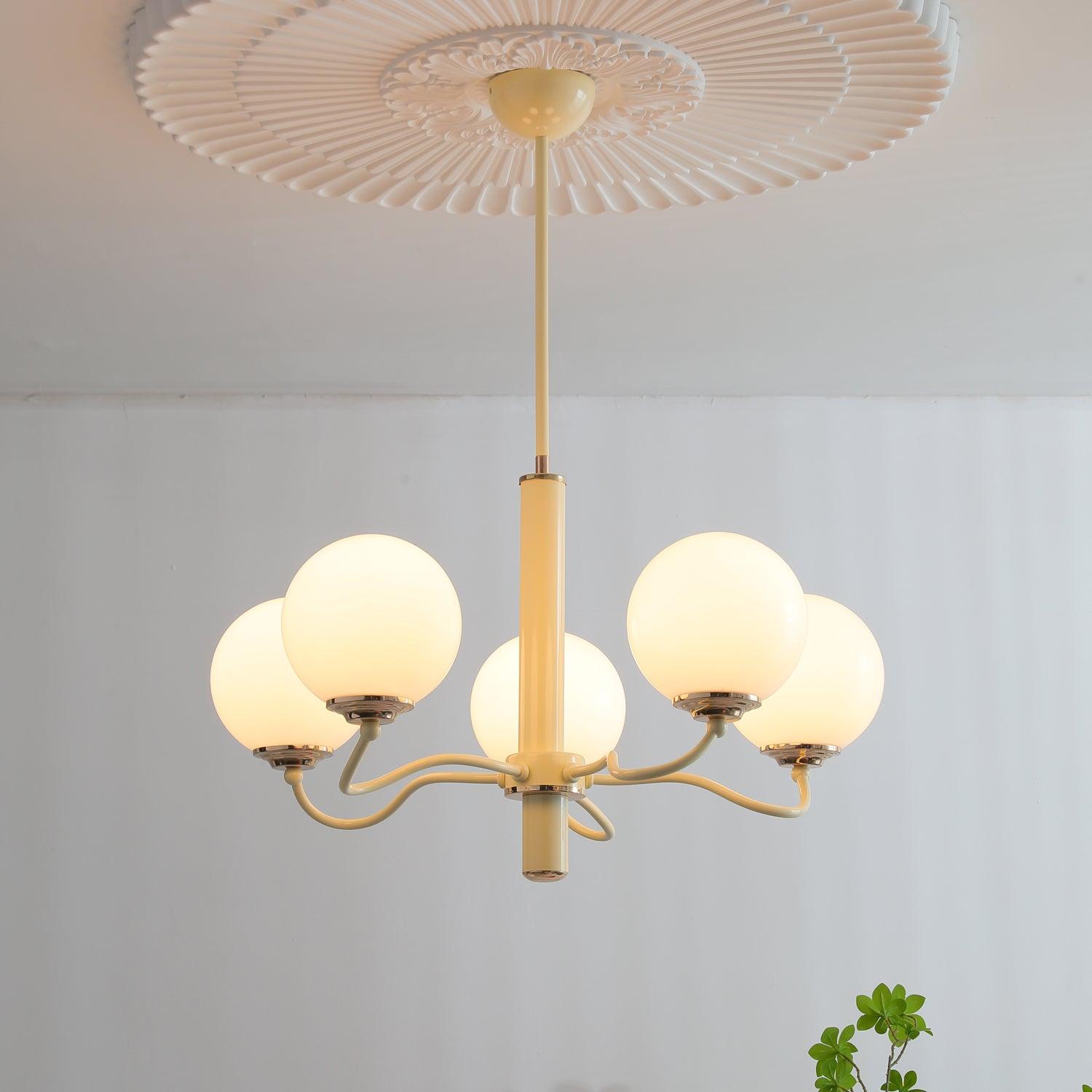 Modern Creamy Yellow Globe Glass Chandelier with White Spherical Shades
