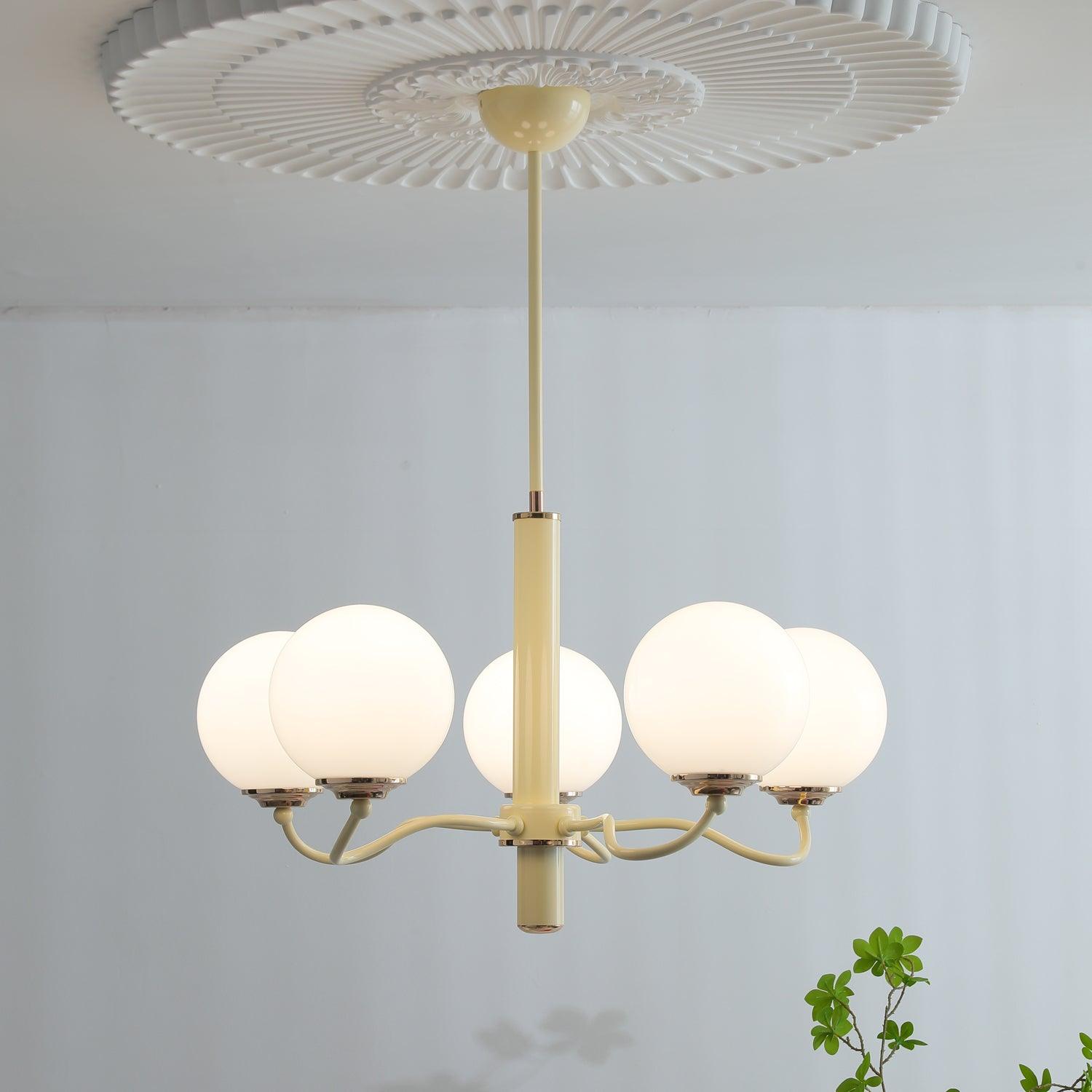 Modern Creamy Yellow Globe Glass Chandelier with White Spherical Shades