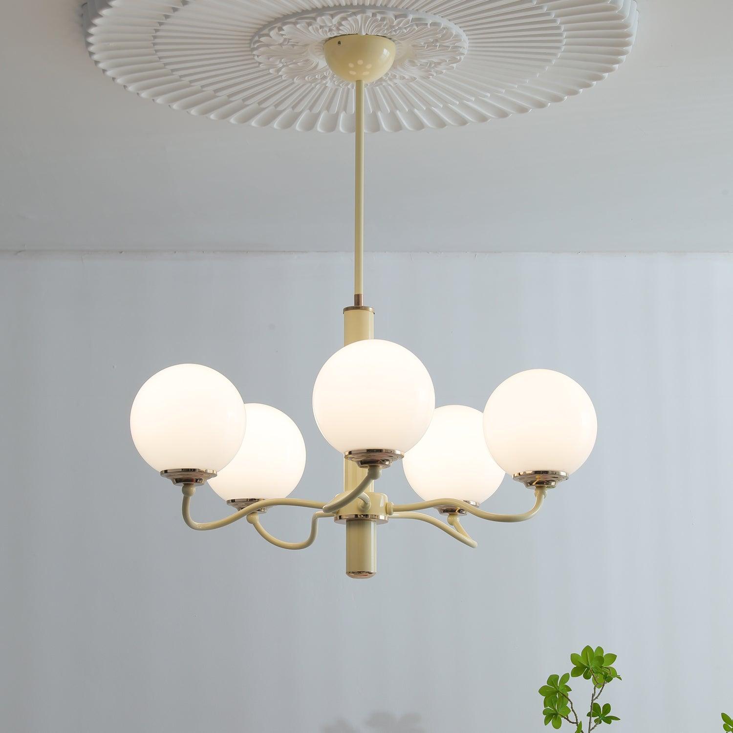Modern Creamy Yellow Globe Glass Chandelier with White Spherical Shades