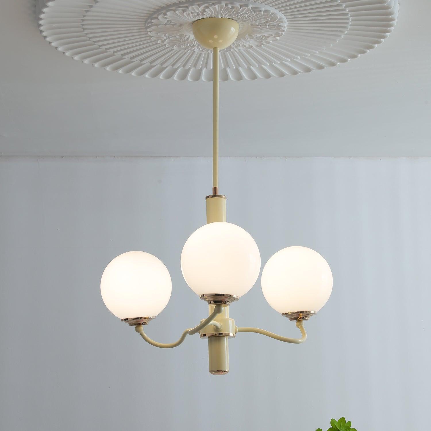 Modern Creamy Yellow Globe Glass Chandelier with White Spherical Shades