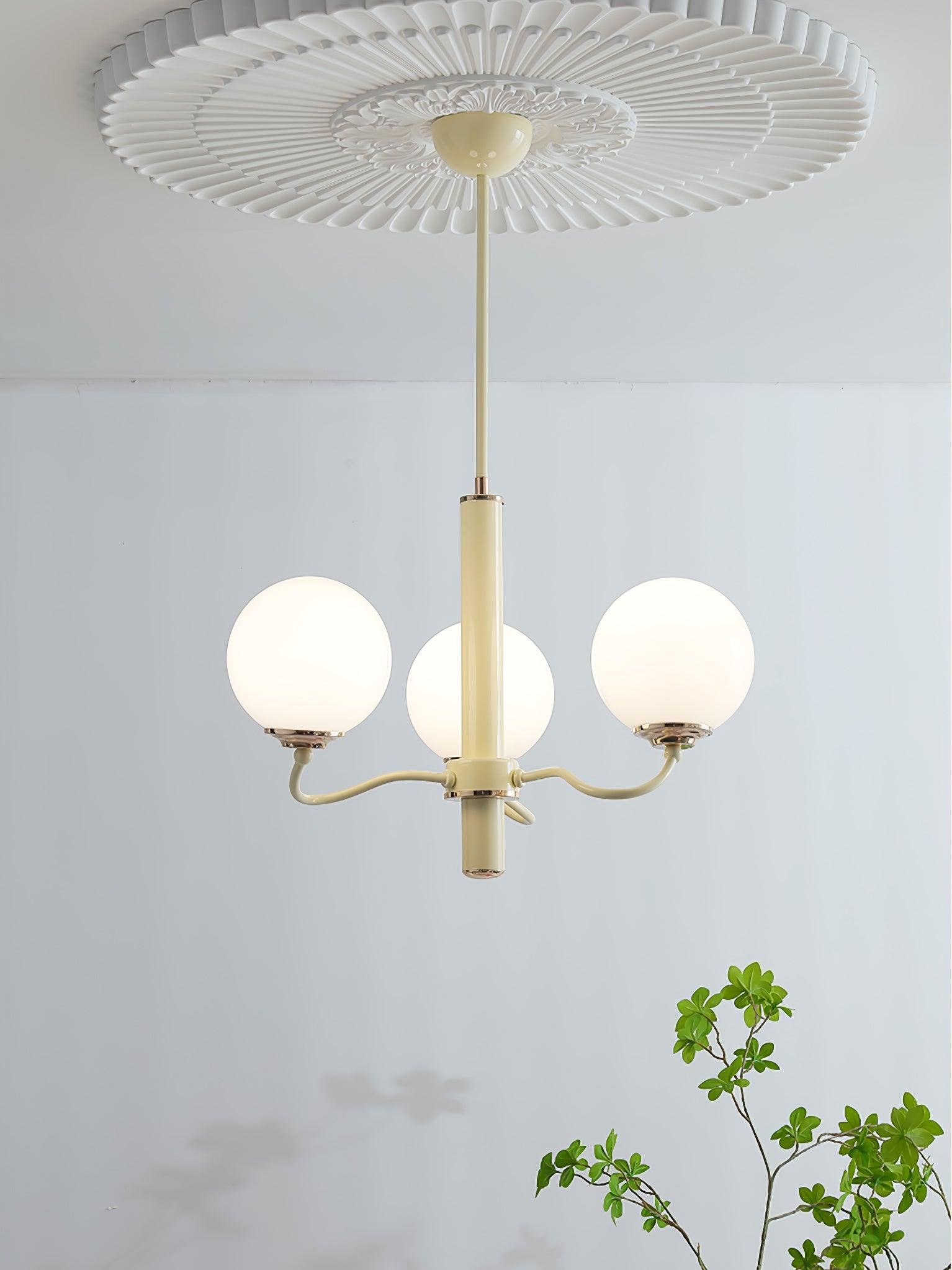 Modern Creamy Yellow Globe Glass Chandelier with White Spherical Shades