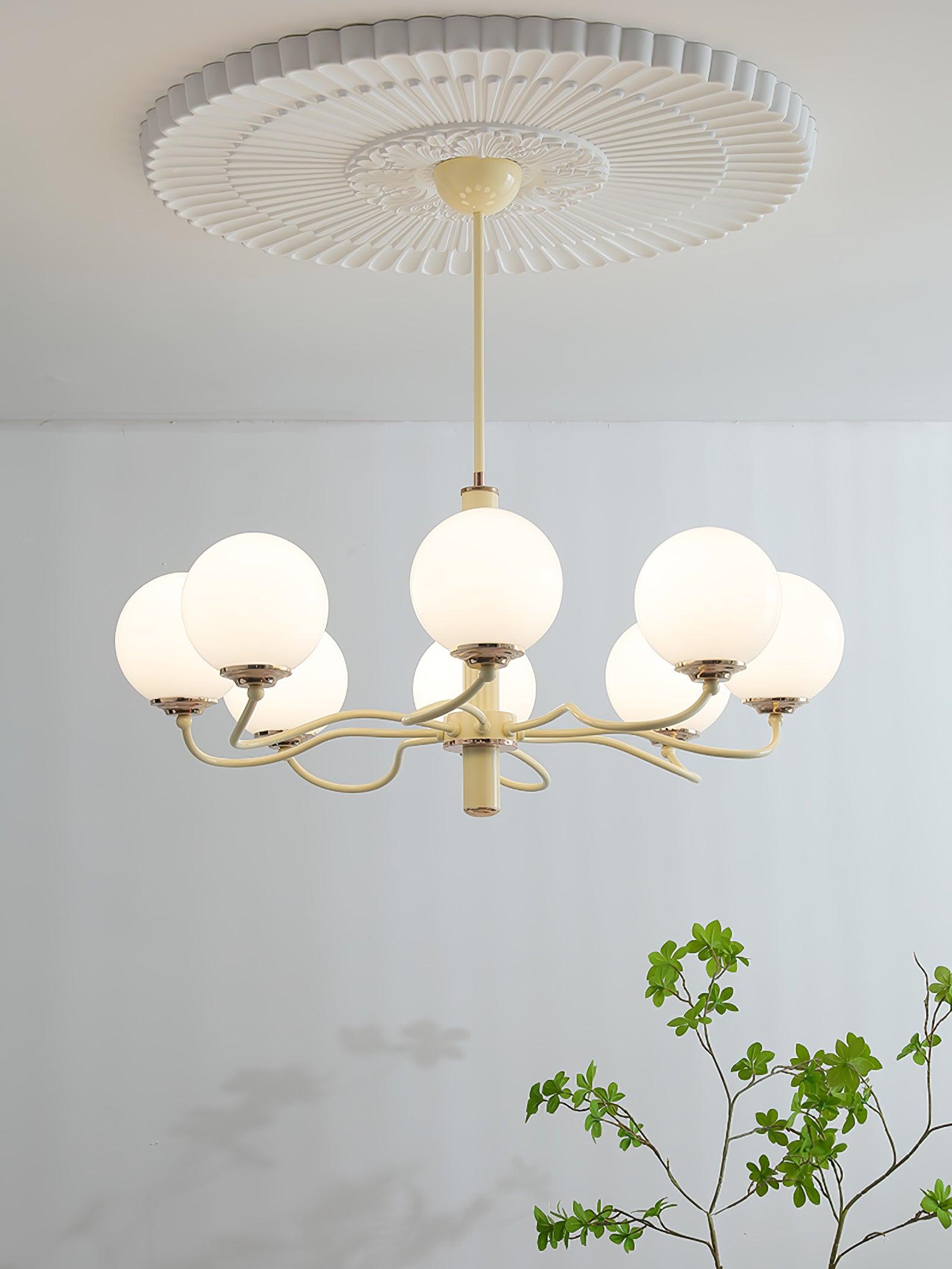Modern Creamy Yellow Globe Glass Chandelier with White Spherical Shades