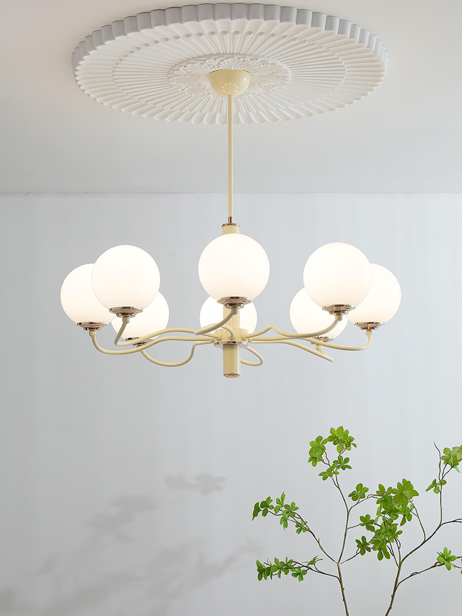 Modern Creamy Yellow Globe Glass Chandelier with White Spherical Shades
