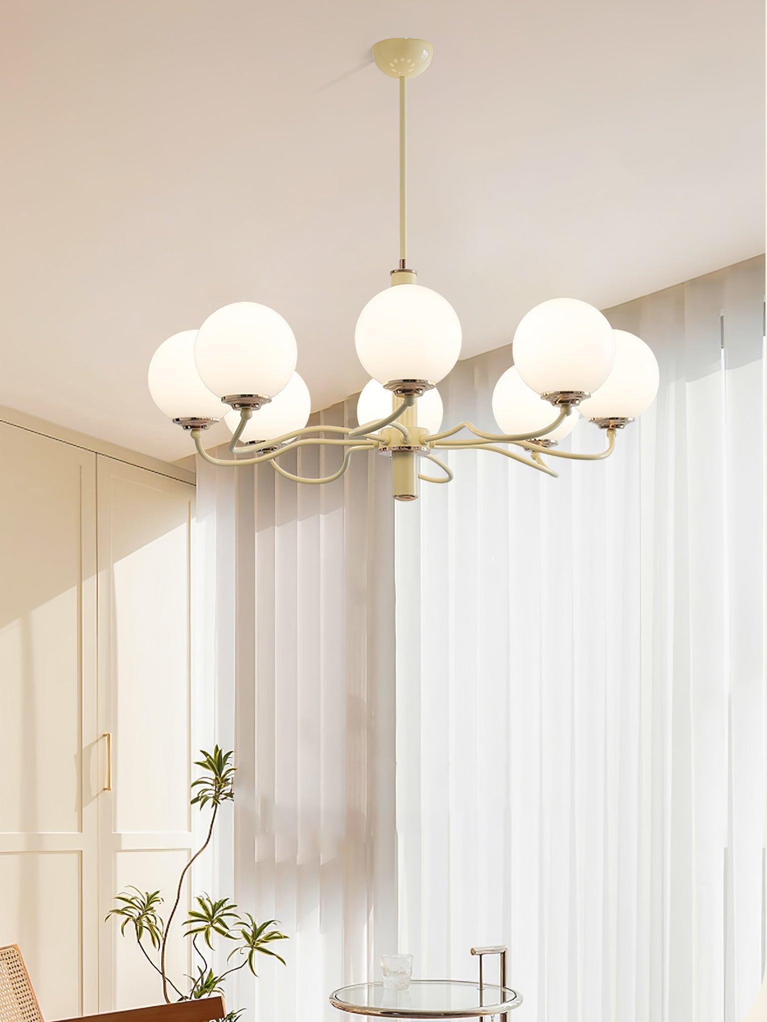 Modern Creamy Yellow Globe Glass Chandelier with White Spherical Shades