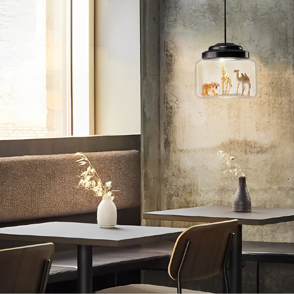 Modern Creative Animal Decor Glass Jar LED Pendant Light in Matte Black Finish