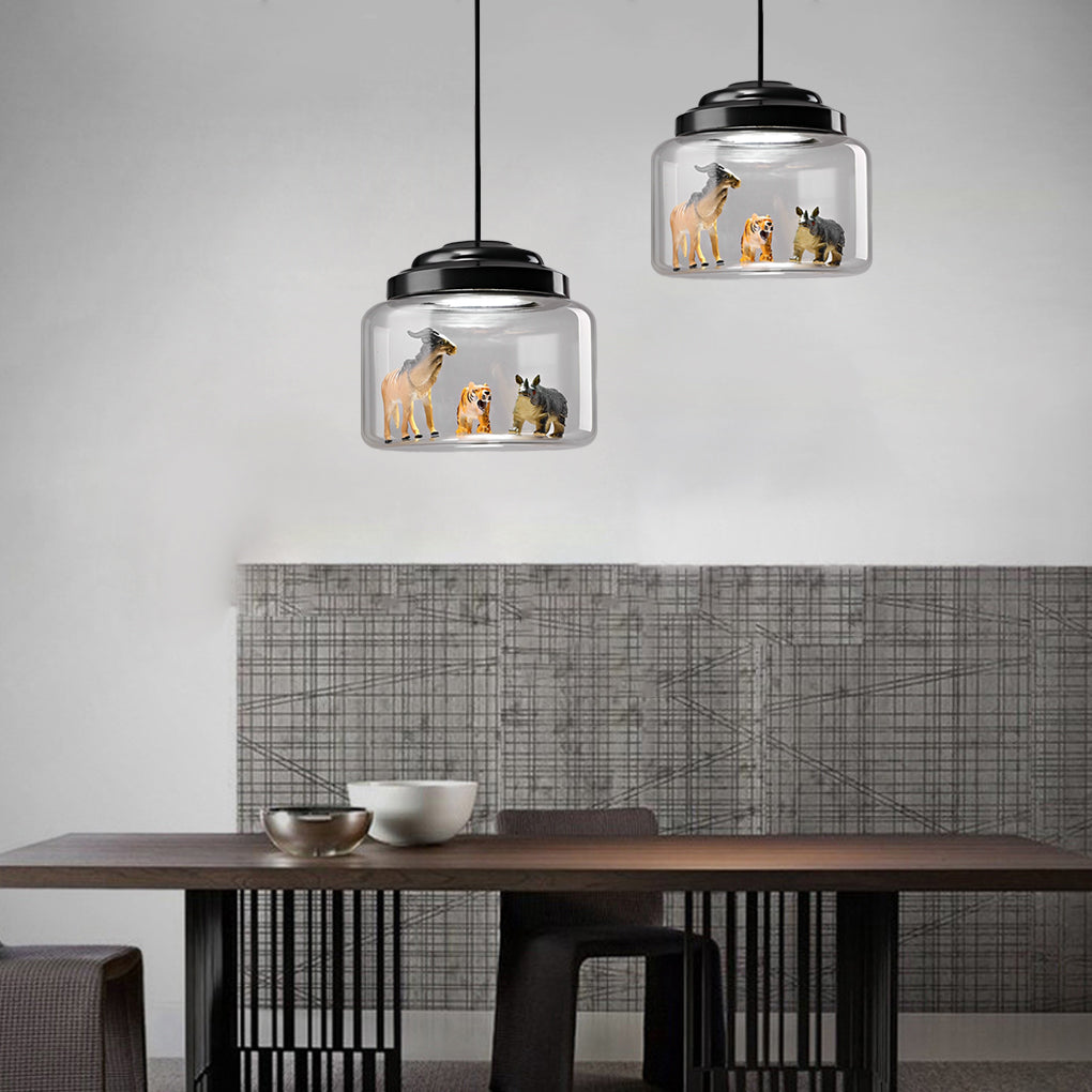 Modern Creative Animal Decor Glass Jar LED Pendant Light in Matte Black Finish