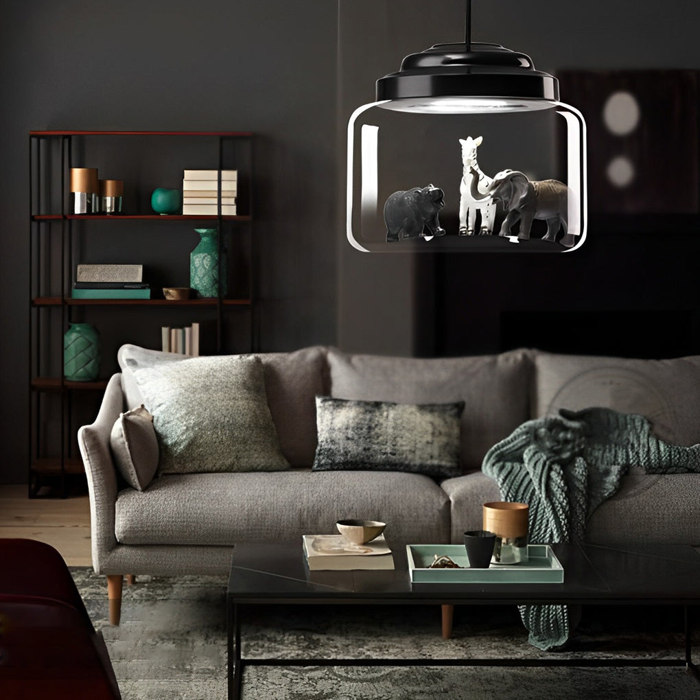 Modern Creative Animal Decor Glass Jar LED Pendant Light in Matte Black Finish