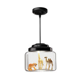 Modern Creative Animal Decor Glass Jar LED Pendant Light in Matte Black Finish