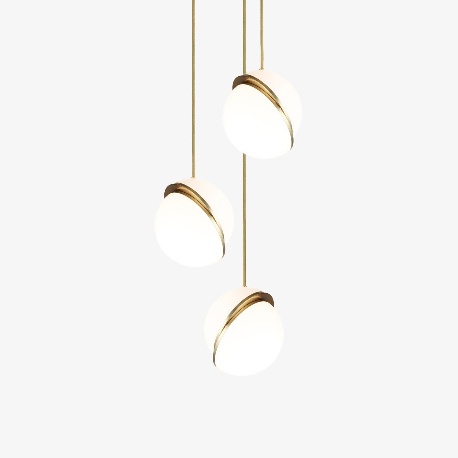 Modern Crescent Brass Pendant Light with Opal Globe Shade and Brushed Fascia