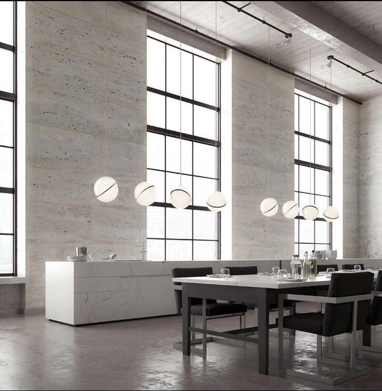 Modern Crescent Brass Pendant Light with Opal Globe Shade and Brushed Fascia