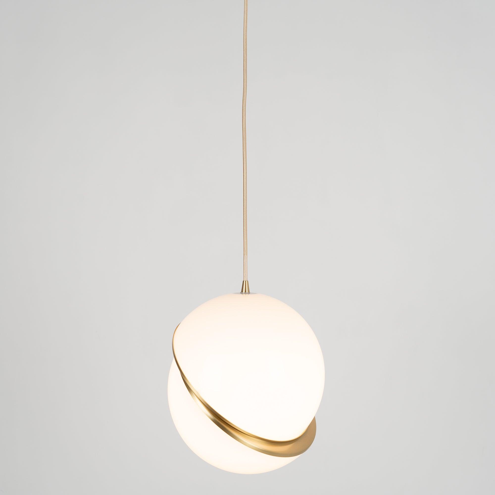 Modern Crescent Brass Pendant Light with Opal Globe Shade and Brushed Fascia