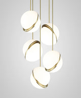 Modern Crescent Brass Pendant Light with Opal Globe Shade and Brushed Fascia
