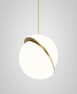Modern Crescent Brass Pendant Light with Opal Globe Shade and Brushed Fascia