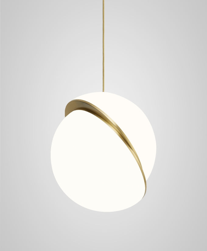 Modern Crescent Brass Pendant Light with Opal Globe Shade and Brushed Fascia