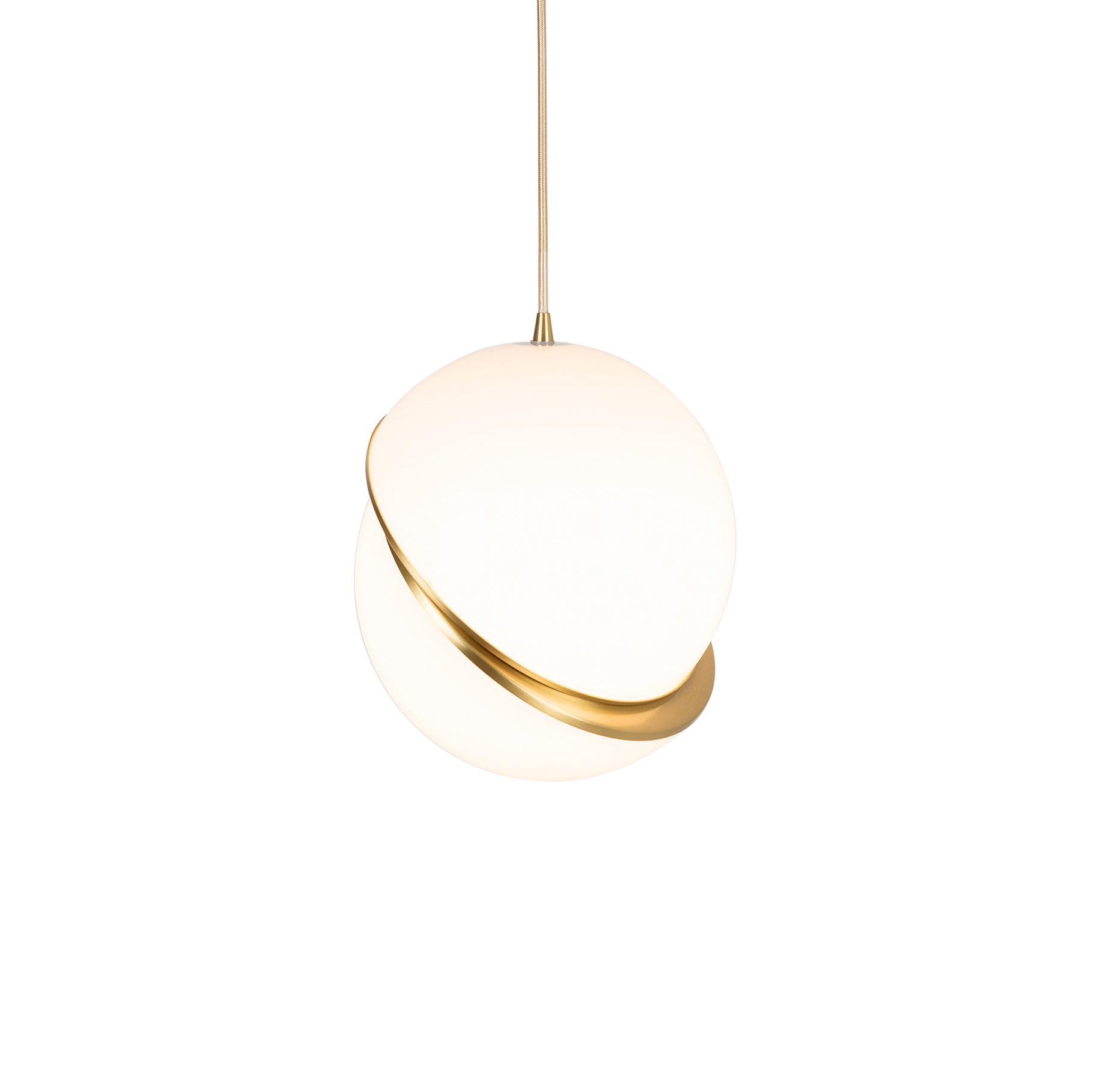 Modern Crescent Brass Pendant Light with Opal Globe Shade and Brushed Fascia
