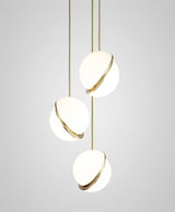 Modern Crescent Brass Pendant Light with Opal Globe Shade and Brushed Fascia