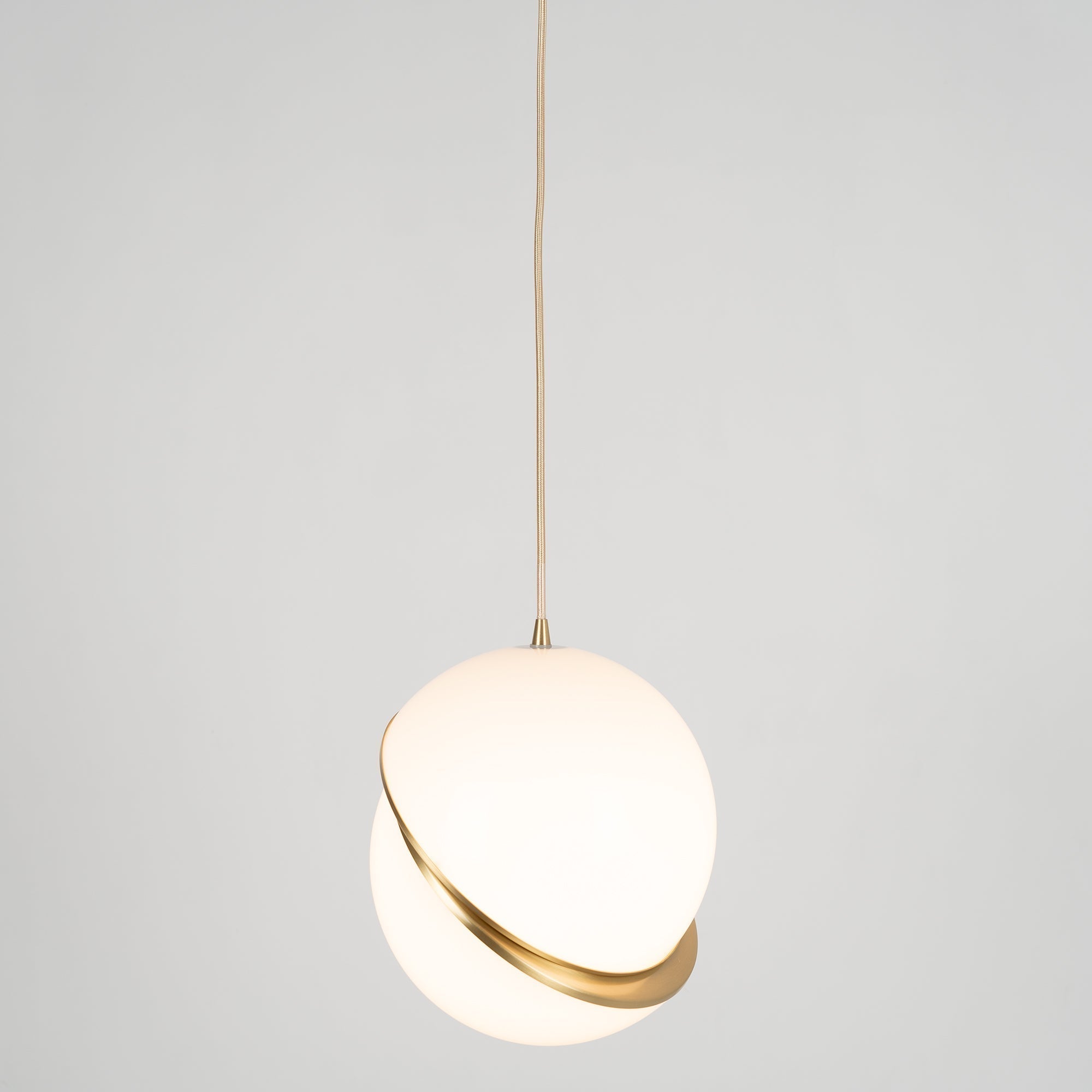 Modern Crescent Brass Pendant Light with Opal Globe Shade and Brushed Fascia