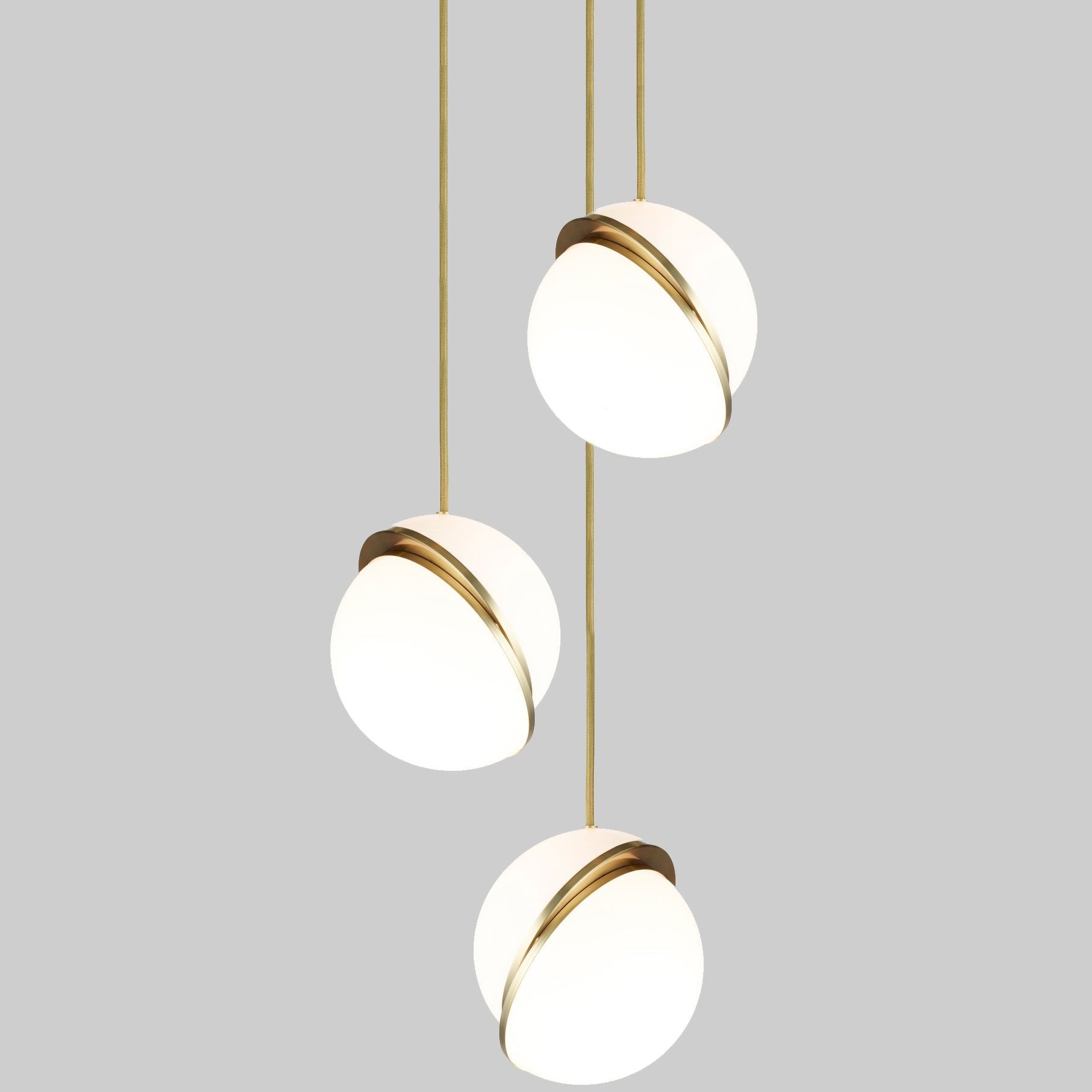 Modern Crescent Brass Pendant Light with Opal Globe Shade and Brushed Fascia