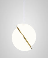 Modern Crescent Brass Pendant Light with Opal Globe Shade and Brushed Fascia